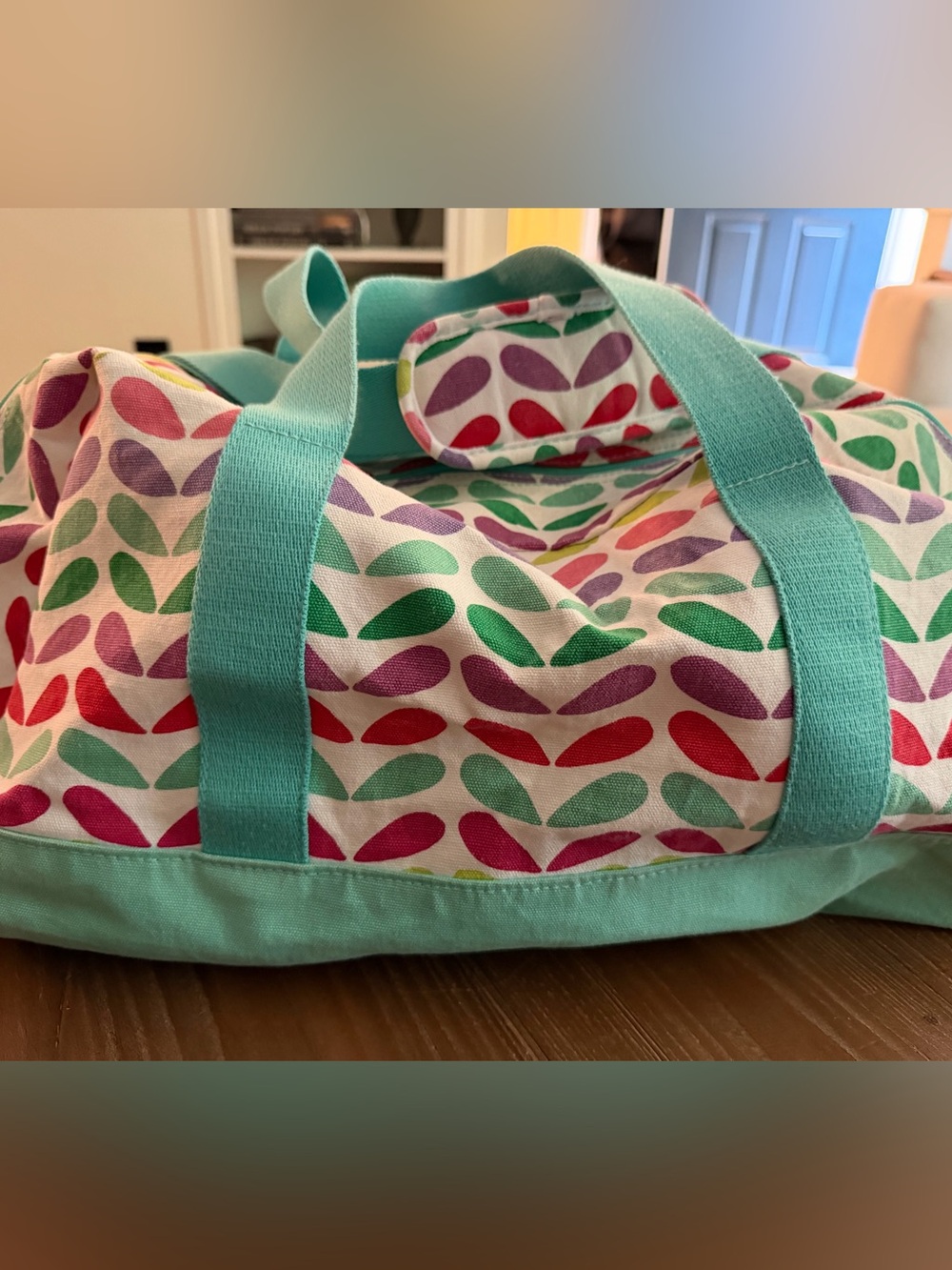 Pottery barn teen Canvas Tote Bag with Multicolor Leaf Print and Aqua Straps